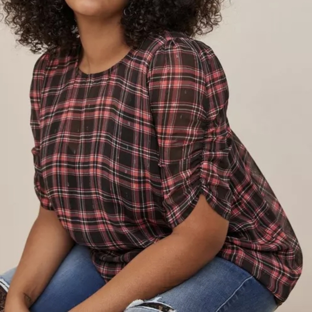 Torrid Plaid Chiffon Lurex Ruched Sleeve Blouse 3X